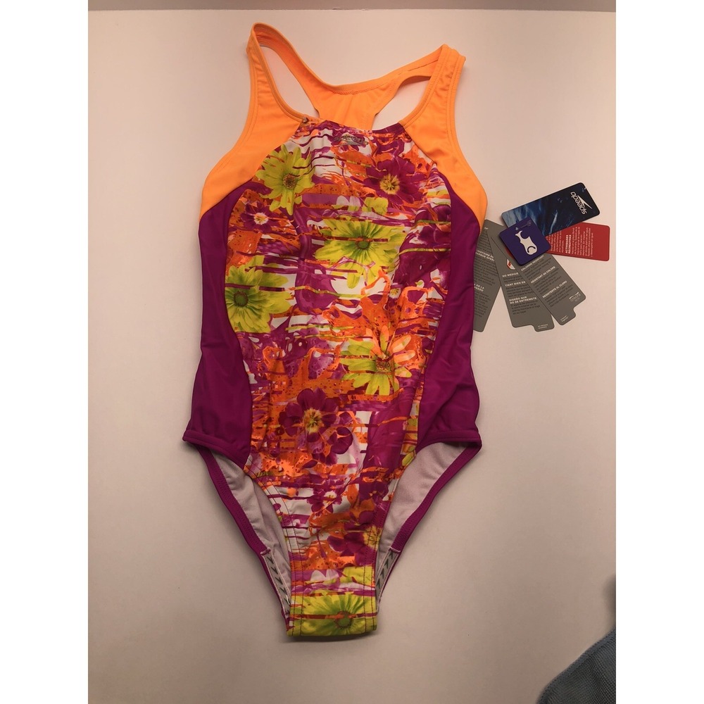 Speedo Girl's Racerback Violet Orange Floral One Piece Swimsuit Size 12 - Picture 1 of 5